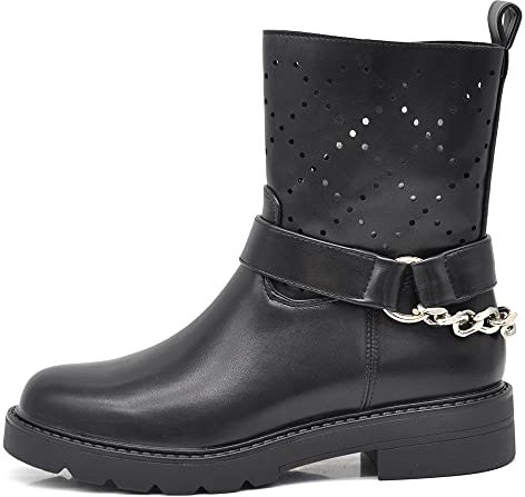 IF Fashion Scarpe da Donna Stivali Primaverili Estivi Traforati Alla Caviglia Biker Motociclista Con Catena Cinghia D7910 nero N.37