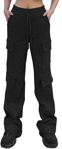 Nuofengkudu Pantalone Cargo Donna Pantaloni Tasconi Coulisse Elasticizzati Elastico Vita Alta Lunghi Multitasche Larghi Lavoro Gamba Larga Sportivi Y2K Ragazze Pants Casual Classico Daily Nero L