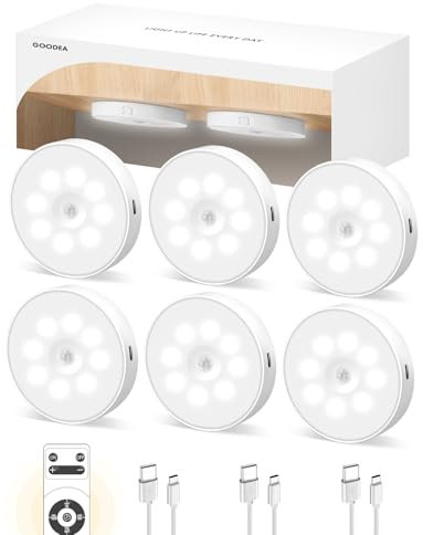 Goodea Luces LED para debajo del gabinete, luz recargable con sensor de movimiento inalámbrico, 1000 mAh con mando a distancia, luces debajo del mostrador para cocina, armarios, escaleras, interiores
