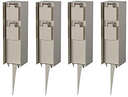 Novatool 4X Steckdosensäule 2-Fach außen Silber gebürstet Edelstahl eckig IP44 mit Erdspieß Steckdose Aussen Gartensteckdose Outdoor Steckdosensäule Garten Steckdosenturm