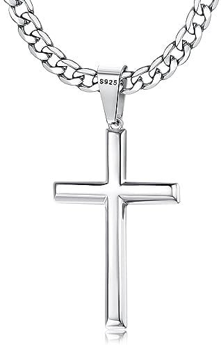 Chriscoco 925 Sterling Silver Cross Pendant Necklace for Men Women 5mm Stainless Steel Diamond-Cut Durable Cuban Link Chain Crucifix Necklace Polished Beveled Edge Cross Chain Necklace Jewelry 71CM