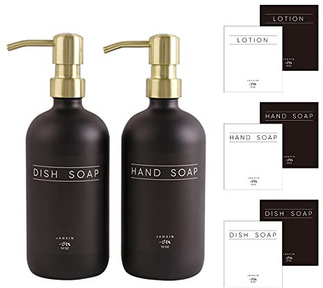 Janxin Seifenspender aus Glas, 2 Stück, Seifenspender für Küchenspüle mit Pumpe, Geschirrseife, Lotion (Schwarze Flaschen+Goldene Pumpen)