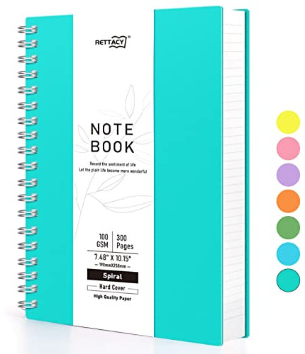 RETTACY B5 Notizblock, Notizbuch, Spiralgebundene Notizbücher, 300 Blatt/150 Seiten Zum Schreiben, 100 G/m² College-liniertes Papier, PVC-Hardcover, 19 x 25 cm – Türkis