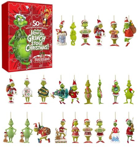 Weihnachtlicher Adventskalender mit Grinch-Ornamenten, Adventskalender 2023, Weihnachts-Countdown-Kalender für Kinder und Erwachsene, 24 Tage Weihnachts-/Adventskalender, 24 Stück niedliche