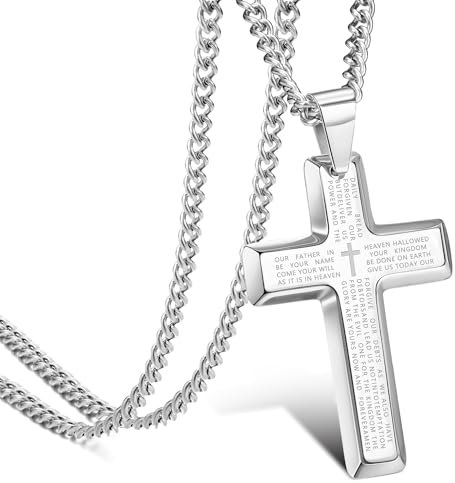 JeweBella Cross Necklace for Men Stainless Steel Necklace with Cross Pendent Men's Necklace Cross Jewelry Classic Christian Necklace Silver/Gold/Black Necklace 61CM Length