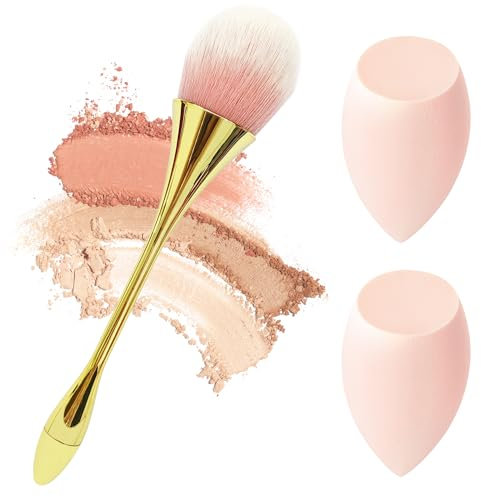 Pinceaux de maquillage avec mélangeurs de beauté, paquet de 2 éponges de maquillage douces et pinceau de fond de teint plaqué métal pour maquillage liquide, fard à paupières et poudre (or)