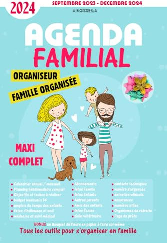 Agenda Familial 2024 Maxi Complet, Organiseur Familial,mémoniak,Avec + de 20 outils: + Bonus un bouquet de fleurs en papier à faire soi-même