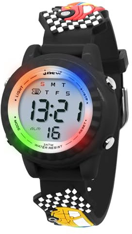HMJIA 3D Cartoon Design Armbanduhr für Kinder Jungen und Mädchen 3ATM Wasserdicht Kinderuhr mit Wecker/Datum/Stoppuhr/LED (LED Schwarzer Rennauto)
