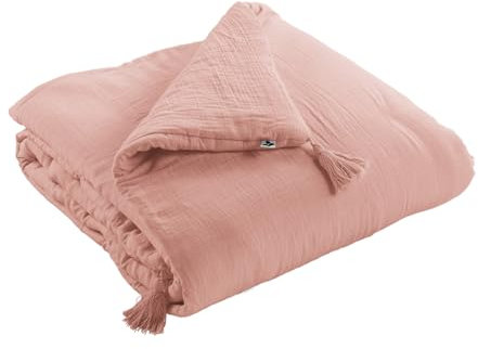 Dock Avenue Edredon - Couverture - Dessus de lit - Bout de lit - avec 4 Pompons - Certifié Oeko-Tex - Gaze de Coton - 150 x 150 cm Gaia Coloris Rose Pêche