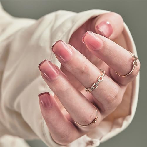 French False Nails-24pcs Short Square False Nails Pastel Pink Stick on Nails Press on Nails Removable Glue-on Nails Fake Nails Acrylic Full Cover Nails Women Girls Nail Art Accessories