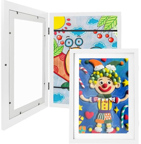 Sleeleece 2 Stück Bilderrahmen A4 Weiss,Kunstfotorahmen für Kinder,Aufklappbar & Frontöffnung,für bis zu 150 Zeichnungen,Ideal für Kunstprojekte, Kinderzimmer & Schule