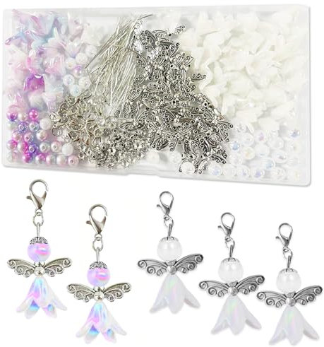 50 Sets Schutzengel Selber Machen Set Engel Anhänger Perlen Handwerk Zubehör, Perlenengel Anhänger Basteln Schutzengel Bastelset für DIY Basteln, Charms Anhänger,Schlüsselanhänger Engel (Weiß,Farbig)