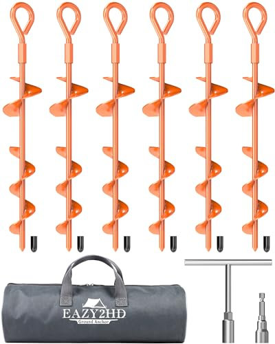 15 Inch Ground Anchors Screw in, 6 Pack Heavy Duty Tent Stakes with T Handle Hex Wrench and Power Nut Driver, Upgraded Metal Trampoline Stake Spiral Anchor Kit for Tent, Shed, Swing Set, CanopyF
