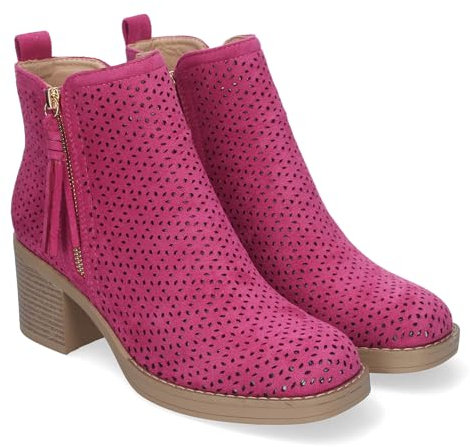 shoes&blues.es 83783 Botines de Mujer Primavera Verano Elegantes y Comodos con Tacon Ancho, Diseno Perforado con Doble Cremallera Lateral con Fleco, Ideal para Cualquier Ocasion. Fucsia Talla 38