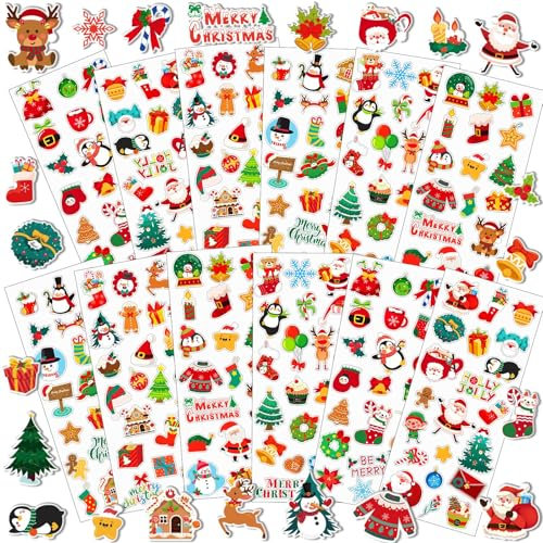 UPINS Weihnachts Aufkleber für Kinder, 12 Blatt 3D Puffy Sticker Schneemann Rentier Baum Weihnachtsmann Schaumstoff Sticker für Weihnachtsfeiern, Geschenke, Scrapbooking, DIY-Basteln