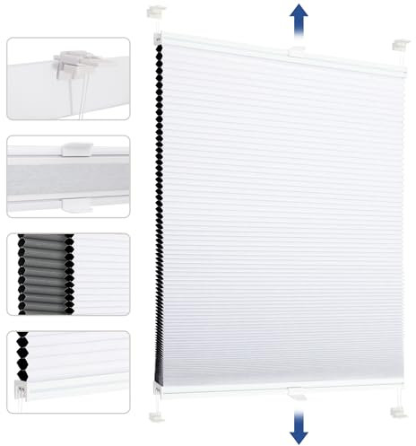 Sekey Wabenplissee Ohne Bohren Verdunkelung Rollo 100% verdunkelnd Blickdicht, Klemmfix, Aluminiumschiene, ZWeißeitig wählbar in Weiß & Grau 85x130cm (BxH)