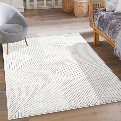 carpet city Kurzflor Teppich Grau, Creme - 140x200 cm - Wohnzimmer-Teppiche Hochtief-Muster, 3D-Effekt - Geometrisches Muster, Gestreift - Flachflor Bodenbelag, Deko Schlafzimmer