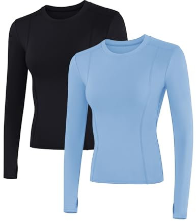 IECCP Damen Laufshirt Langarm Sportshirt Atmungsaktiv Dünn Rundhals Oberteil Sport Top Fitness Leicht Atmungsaktiv Yoga Gym Tops mit Daumenloch 2er Pack S