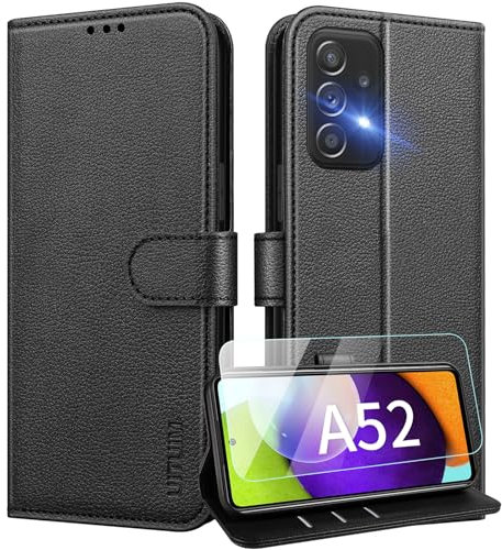 UITUIM Handyhülle für Samsung Galaxy A52 5G /A52s 5G /A52 4G Klapphülle Leder Hülle mit Glas Schutzfolie Flip Case Cover Klappbar Schutzhülle Handytasche für Samsung A52s 5G /A52 5G/4G,Schwarz