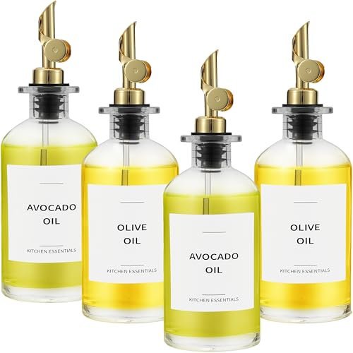 Spaceneat Olive Oil Dispenser Bottle - Includes 55 Kitchen Essential Labels - Cooking Oil Bottles for Kitchen, Coffee Syrup Dispenser - Pourer Spout with 11.8 fl oz Glass Container Cruet - 4pcs, Gold