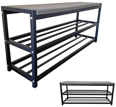 Maka Schuhregal Platzsparend, Schuhregal Mit Sitzbank Metall Schwarz, Shoe Rack Outdoor Wetterfest, Schuhbank mit Sitzfläche, Schuhbank Schwarz (90 cm)