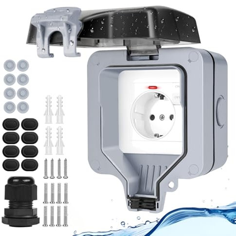 Upgrade - Presa esterna impermeabile IP66 con interruttore, spia di controllo, grigio, presa esterna da parete, resistente alle intemperie, per esterni, con chiusura a chiave, 1 scomparto
