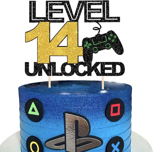 SYKYCTCY 1 Pack 14 Video Game Cake Topper Glitter Gaming Level Unlocked 14th Birthday Cake Pick Game On Controllers Cake Decoration for Boys Girls 14th Birthday Anniversary Party Decoration Supplies