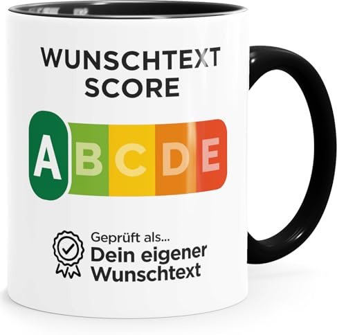MoonWorks® Tasse Geschenk Wunschtext Score Bewertung Spruch Lustig Geprüft als personalisierbar Weiss-innen-schwarz standard