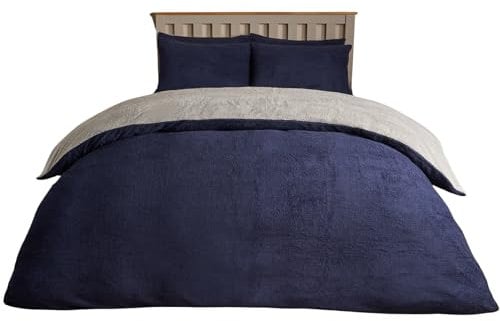 Brentfords Reversible Superking Duvets Sets, Teddy Fleece Duvet Covers with Pillowcases Super Soft Fluffy Thermal Winter Warm Fleece Fluffy Bedding Set, Navy/Grey, Super King