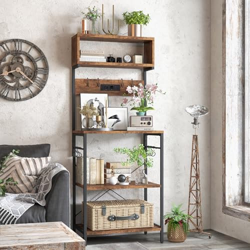 COSTWAY Küchenregal mit Steckdose, Standregal mit offenen Regalen & 10 Aufhängehaken, Mikrowellenregal industriell mit Stahlrahmen, Bäckerregal für Küche Esszimmer, 60 x 42 x 153 cm