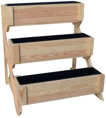 TIMBERMIK Wooden 3 Tier Plant Stand Raised Bed B 62.5 cm H 90 cm T 73 cm Flower Shelf Indoor Outdoor Plant Rack Herb Shelf Garden Planter Robust Wooden Display Ladder