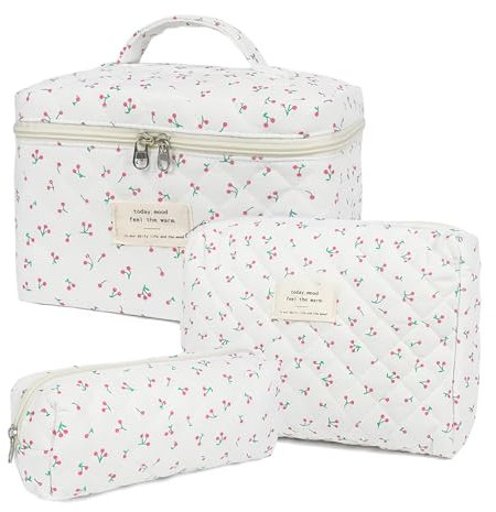 Aucuu Grande Trousse de Maquillage, Lot de 3 Trousse de Toilette Femme Voyage en Coton, Trousse de Toilette Femme Voyage, Motif Floral Grand Capacité Trousse de Toilette pour Fille Femme