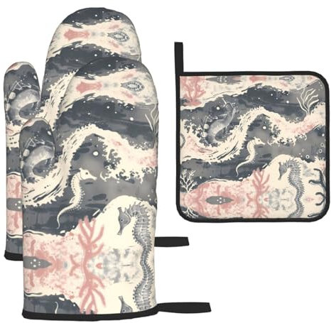 WZYWHJ Seahorse and Fish Printing Oven Mitts Pot Holders Set of 3 - Thick, Durable, and Waterproof Fabric for Heat Protection