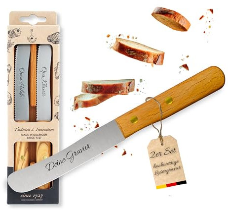 Brötchenmesser 2er Set mit eigener Gravur – Perfekte Geschenke, Holzgriff Buche, Solingen, Brotmesser, Buckelsmesser, personalisiert