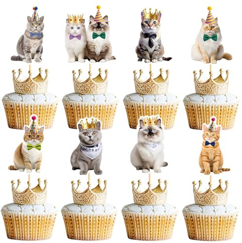 Silars Kuchen Deko Katze, 24 Stücke Katzen Tortendeko Geburtstag Katzen Geburtstagsparty Kinder, Muffin Topper Katze für Katzenliebhaber Kätzchen Thema Babyparty Kinder Geburtstag