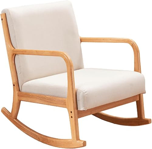 Mid-Century Schaukelstuhl mit gepolstertem Kissen – Stilvoller Holzgleiter Akzentstuhl für Wohnzimmer & Schlafzimmer – Beige Sessel für Komfort & Entspannung