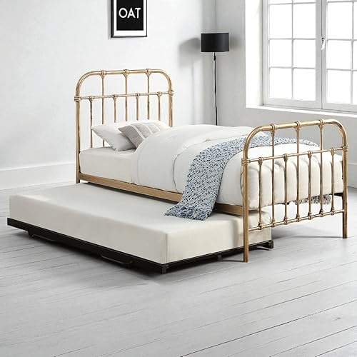 OAT Home Camden Metal Single Guest Bed with Black Trundle, Victorian Hospital Style, Distressed Steel/Antique Brass Effect (Antique Brass)
