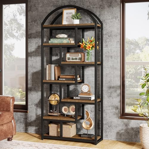 Tribesigns 180 cm hohes Bücherregal, 7-stöckiges Bücherregal im Industrial-Stil mit geometrischem Metallrahmen und offenen Ablageflächen, freistehendes Regal für Homeoffice, Wohnzimmer, Braun