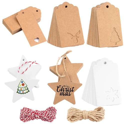 180 Stück Weihnachtsanhänger, braune Geschenkanhänger für Geschenke, Weihnachtsetiketten mit 20 m Schnur, Weihnachtsgeschenk, Kraftschild, Preisschild, Weihnachts-Namensschilder zum Verpacken