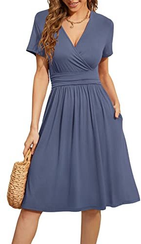 Actcat V-Ausschnitt Kleid Kurzarm Casual Kleider Sommerkleid mit Taschen | mit Taschen,Wrap,Elegant,a linie,Freizeitkleid,Floral Kleid