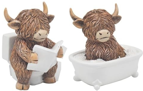 Hemoravoma Highland Cow Soaking Bath Figurine - Playful Highland Cow Bathroom Resin Decor, Cute Animal Ornament for Living Room, for Women & Men (Bath+Toilet)