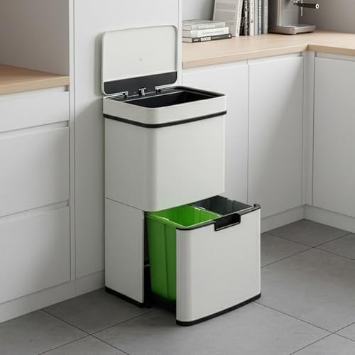 [en.casa] Sensor Mülleimer Venna Küche Mülltrennsystem 3 Fächer 62 L Abfalleimer Edelstahl mit Deckel 75 x 42 x 32 cm Beige