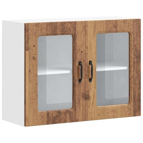 Foknhdi Küchenhängeschrank Altholz 80x31x60 cm mit Glastür, Holzwerkstoff robust wasserabweisend, Wandvitrine mit Glastür Modernes Design für Küche Flur Wohnzimmer