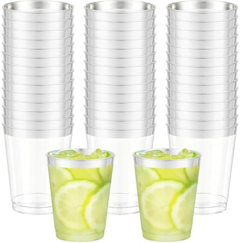 Leislam 50 Pack Premium Plastic Wine Glasses 300ml, Elegant Reusable Drinkware for Adults, Cocktail Cups, Clear Tumblers for Parties and Events(Silver)