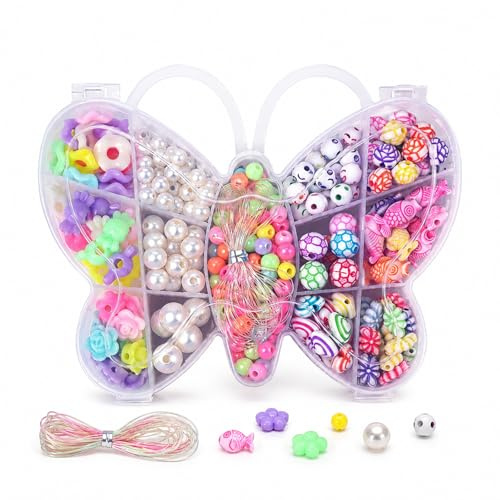 Nurila 300 Stück Armbänder Selber Machen Kinder, Schmetterling Perlen Set | Perlen für Armbänder Set Mädchen, Schmuck Basteln mit Buchstabenperlen und Elastisches Band