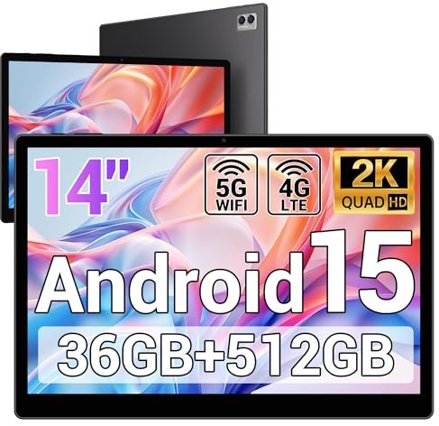 MIVASOLO Tablet 14 Pollici Android 15 Tablet 5G WiFi,Octa-Core 2.0Ghz,36GB RAM+512GB ROM/11580mAh/Face Unlock/OTG/GPS-Tablets in Offerta con Tastiera e Mouse,Grigio