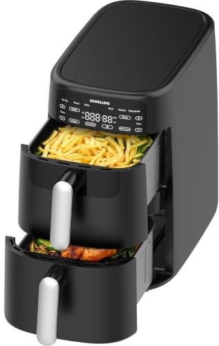 Dewelling Vertikale 2 kammern Airfryer, 10L XXL Heißluftfritteuse mit 2 unabhängigen Körben, 6 Programmen, 30-230°C, 2700W schnelle Erhitzung, platzsparendes Design, Rezeptbuch, PFAS Frei
