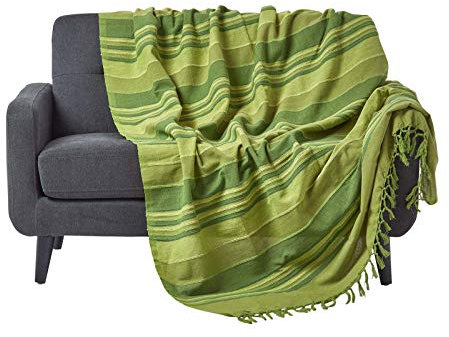 Homescapes große Tagesdecke Morocco, grün, Sofa-Überwurf aus 100% Baumwolle, weiche Wohndecke 225 x 255 cm, grün gestreift, mit Fransen