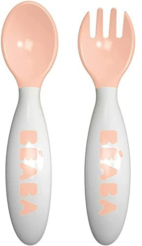BÉABA, Lot de 2 Couverts Ergonomique d'apprentissage 2ème Âge, Dès 8 mois, Prise en main facile pour Bébé, Adaptée aux droitiers et aux gauchers, Boîte de transport incluse, Nude