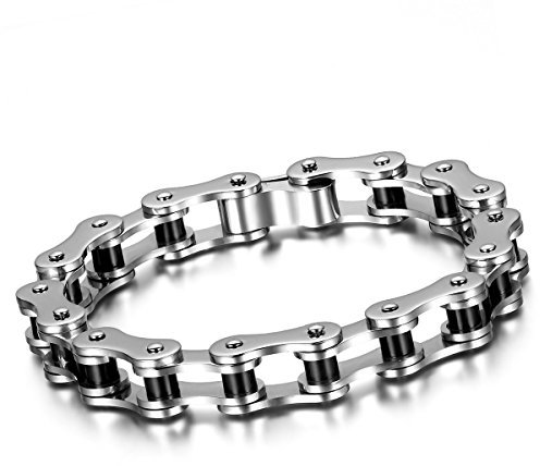 Cupimatch Herren Edelstahl Biker Armband, 10mm Große Breite Edelstahl Fahrradkette Motorradkette Hochglanz Poliert Rock Armreif, silber schwarz